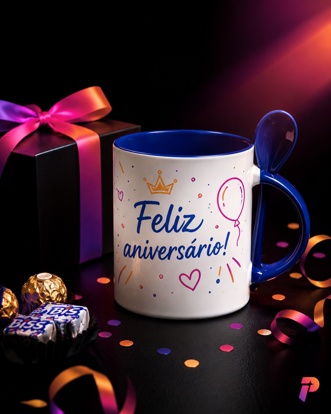 Caneca azul e branca personalizada com a frase Feliz aniversário