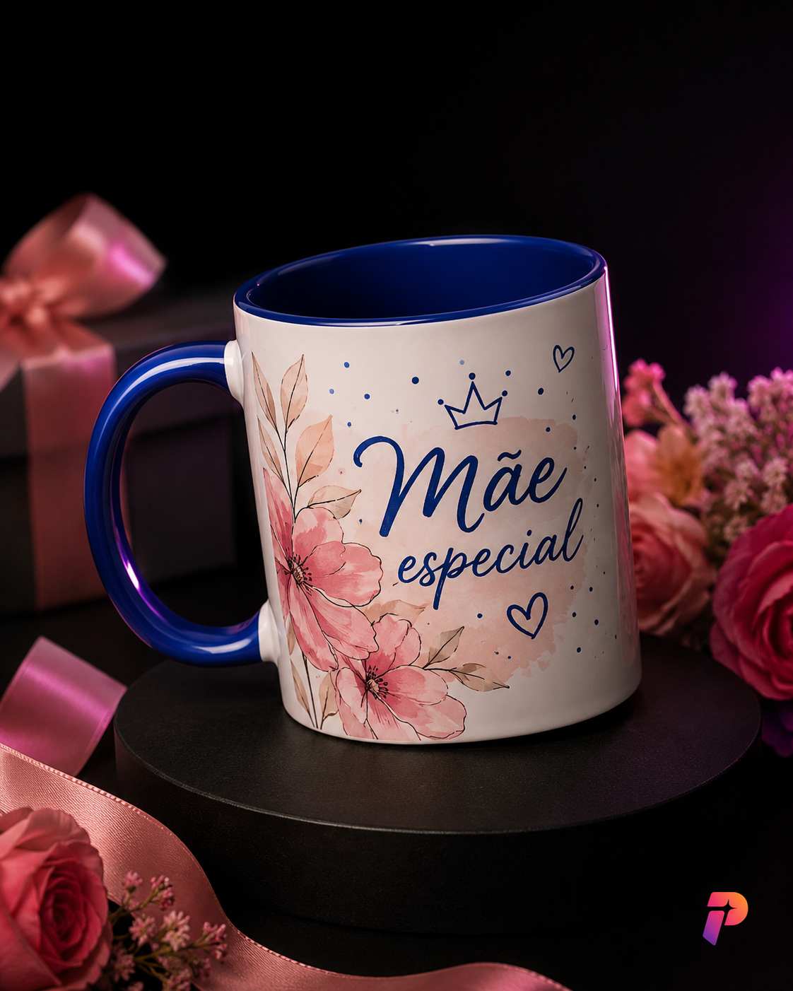 Caneca azul e branca personalizada com flores e a frase Mãe especial