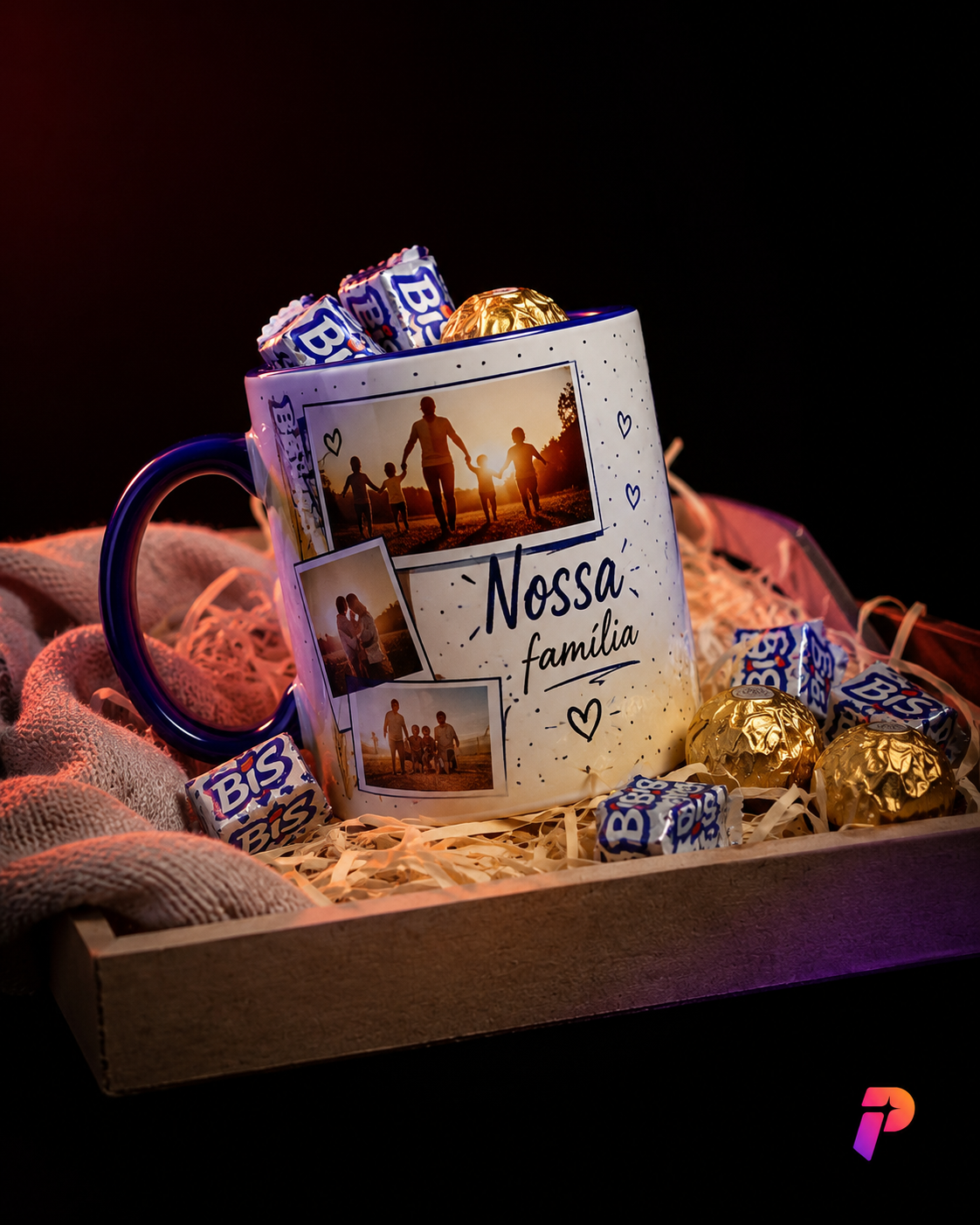 Kit presente com caneca Nossa família personalizada com fotos e chocolates
