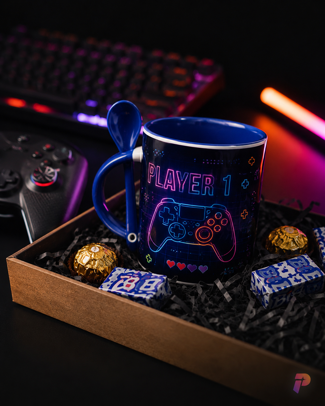 Kit gamer com caneca Player 1, colher azul e chocolates