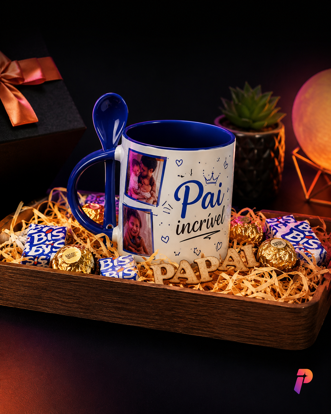 Kit presente com caneca Pai incrível personalizada com fotos e chocolates